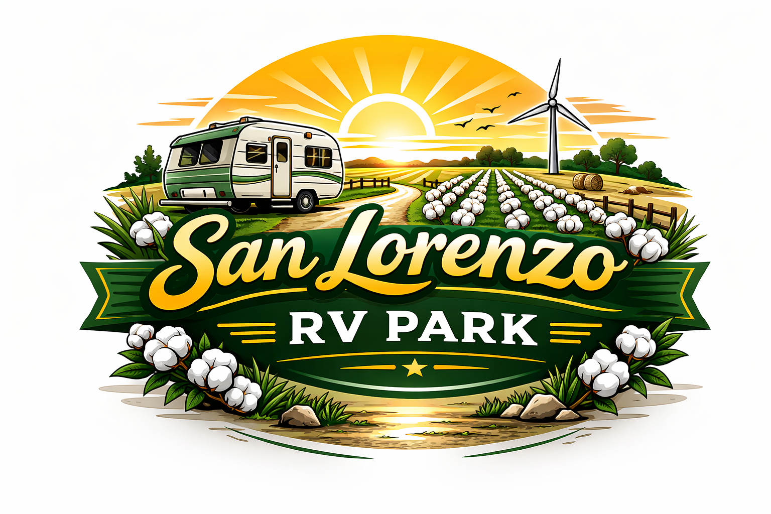 Logo for San Lorenzo RV Park featuring an RV, cotton plants, wind turbine, farmland, and a sunrise in the background.